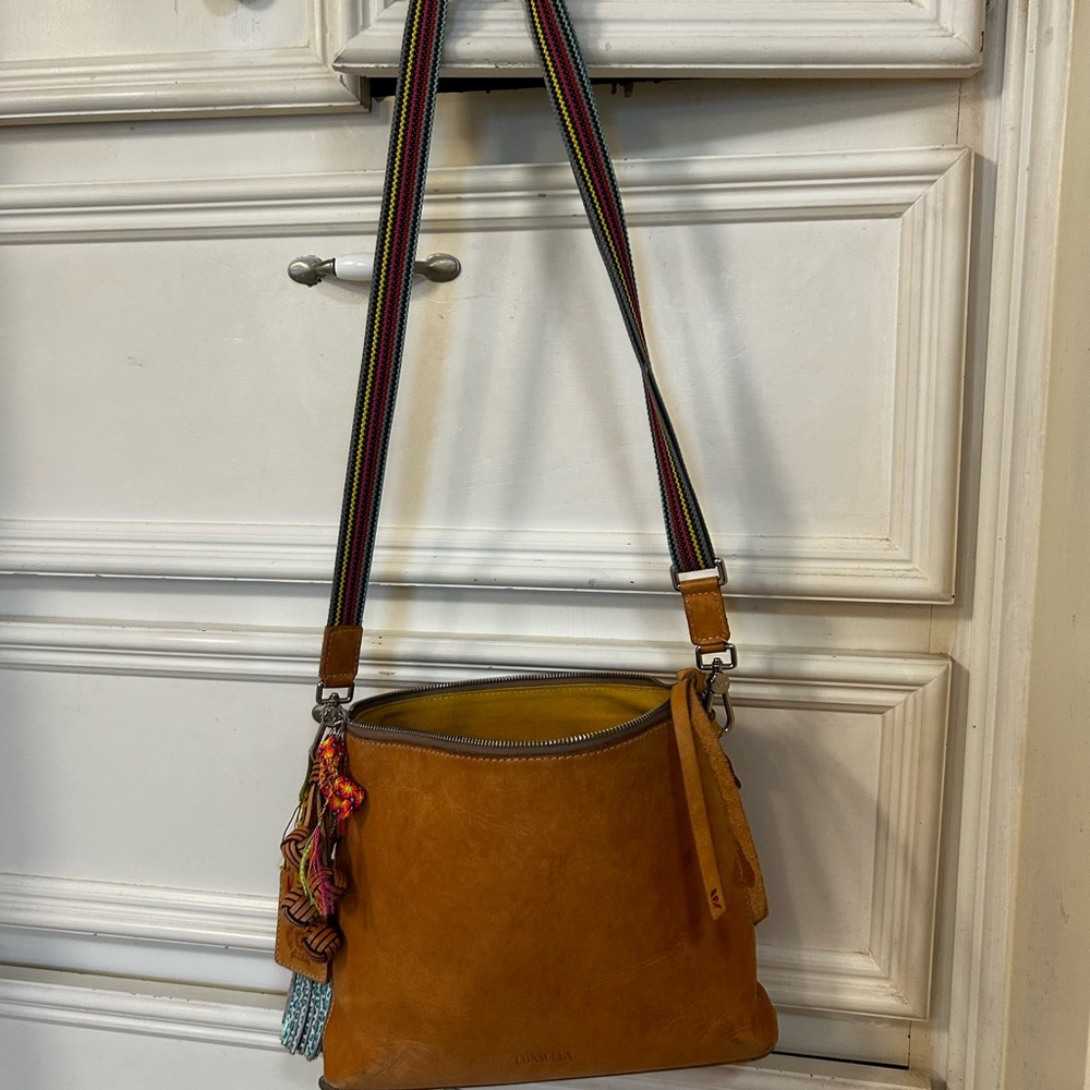 Consuela Tan Leather Crossbody with Striped Webbing Strap